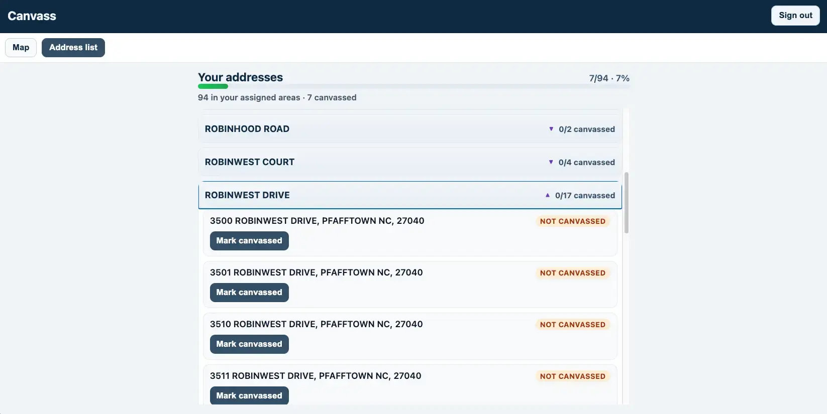 Grouped canvasser address list with expandable street sections