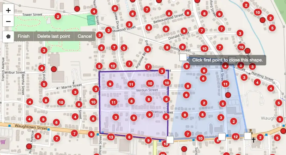 Admin drawing a geofence on the shared canvassing map