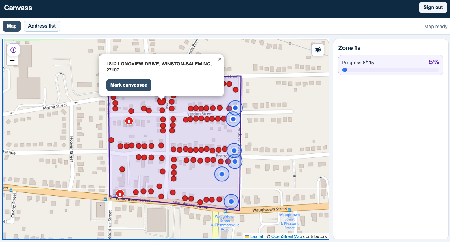 Canvasser map view showing assigned zone progress and address markers